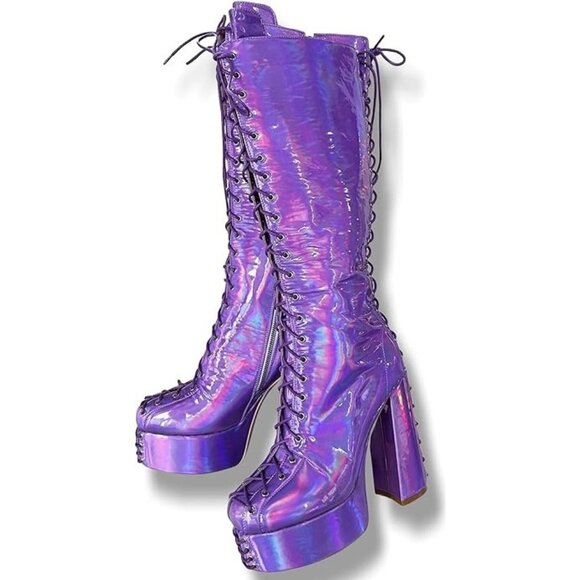 Frankie Hsu Purple Hologram Oil Slick Platform lace Boots Patent vegan leather - Picture 1 of 14